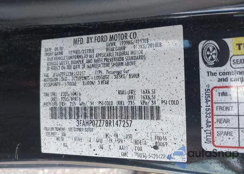 2008 Ford Fusion Se из США, поврежденный, VIN 3FAHP07Z78R147257